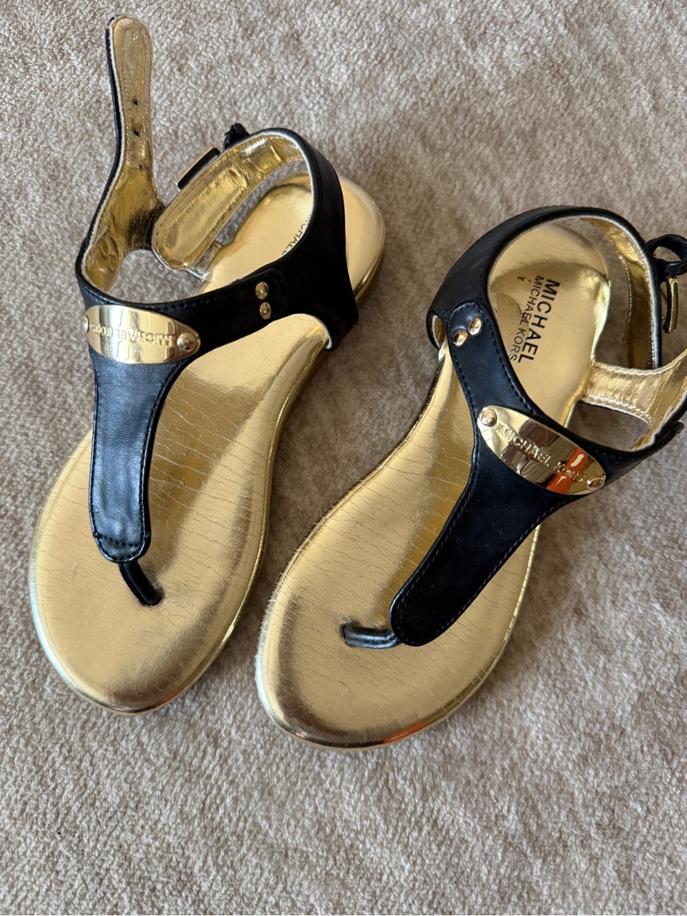 Michael Kors Black and Gold T-Strap Sandals